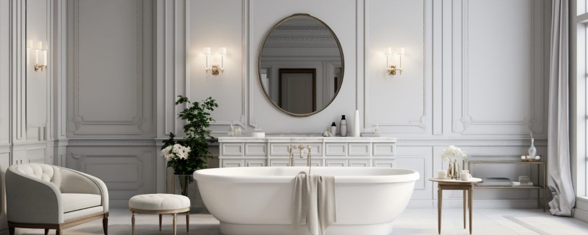 Cadă freestanding albă într-o baie modernă, spațioasă și luminoasă
