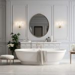 Cadă freestanding albă într-o baie modernă, spațioasă și luminoasă