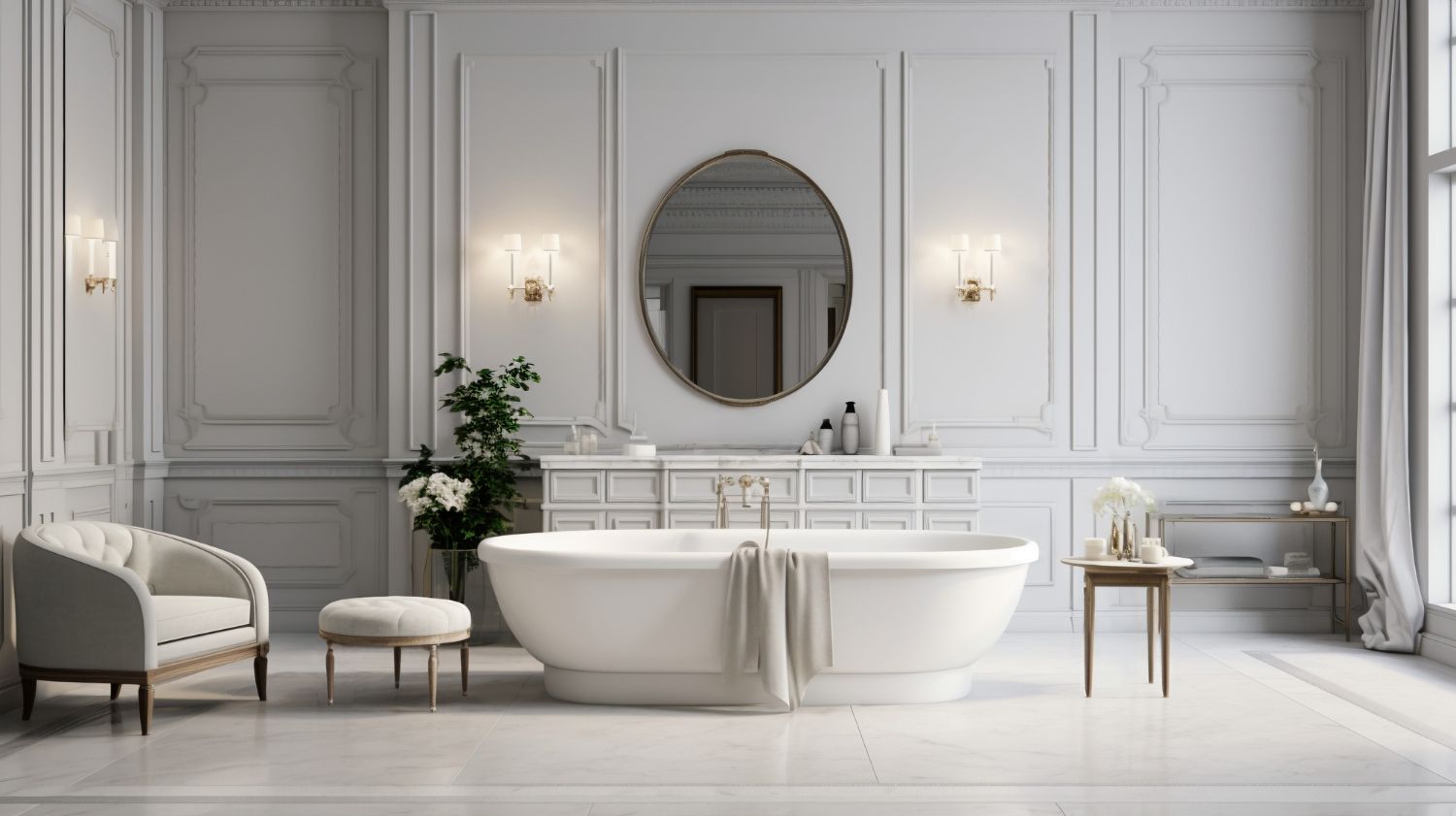 Cadă freestanding albă într-o baie modernă, spațioasă și luminoasă