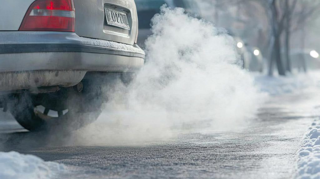 Fum alb la mașină din cauza condensului.